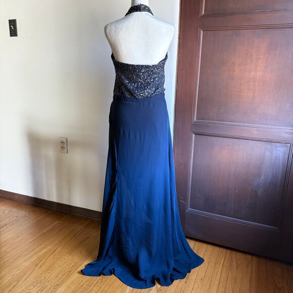 HAUTE HIPPIE | Navy Blue Beaded Silk High Neck wrap Skirt Gown Halter | Size 12 - Picture 3 of 7